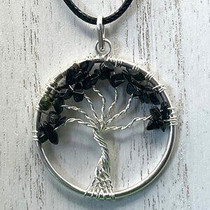 Tree Life Necklace Black tourmaline Crystal Chip Pendant Bohemian Hippie Jewelry